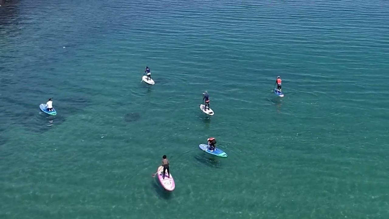 若狭湾の入り江をSUPで進む空撮